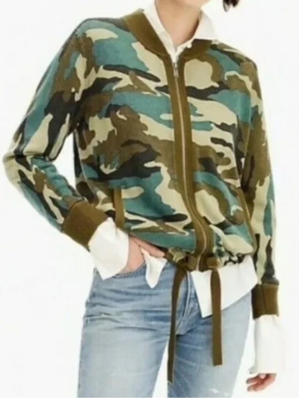 J. Crew Camo Bomber Sweater Jacket Drawstring Hem Pockets Size XL